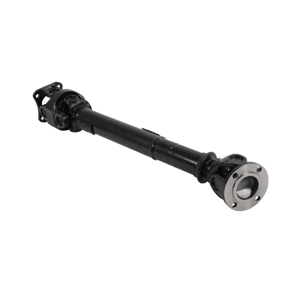 Front drive shaft with U-joint housing and round silver mounting flange, black.