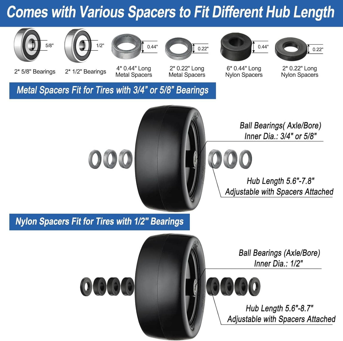 Two flat-free tires with various metal and nylon wheel hub spacers for different fits