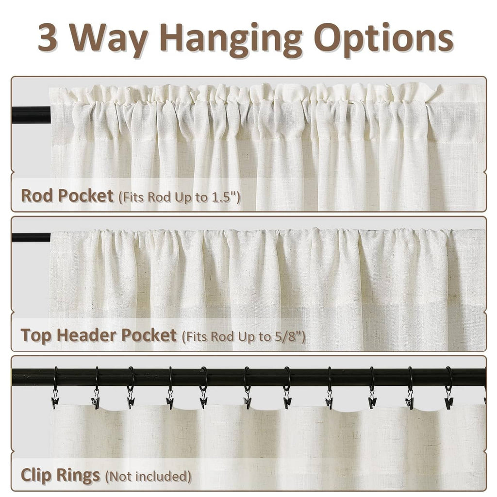 Natural linen curtain hanging options: rod pocket, top header pocket, clip-ring style