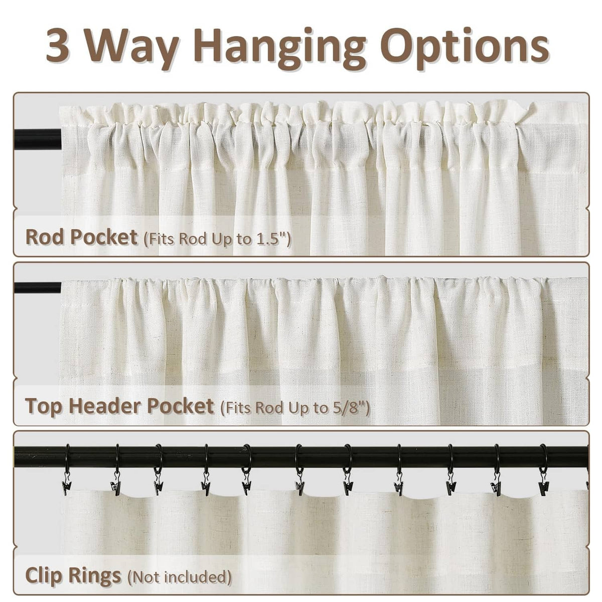 Natural linen curtain hanging options: rod pocket, top header pocket, clip-ring style