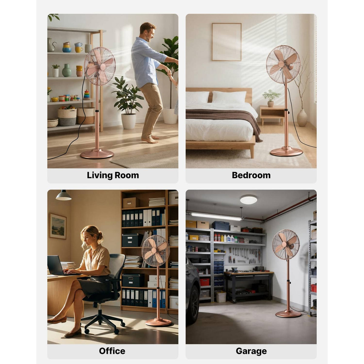 Rose gold standing pedestal fan in a home room setting
