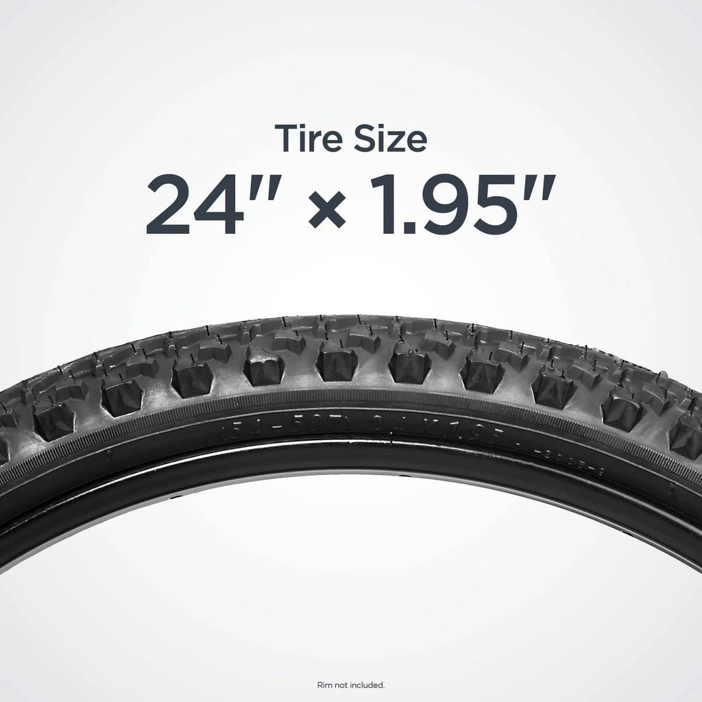 Black 24 x 1.95 tire with knobby tread profile