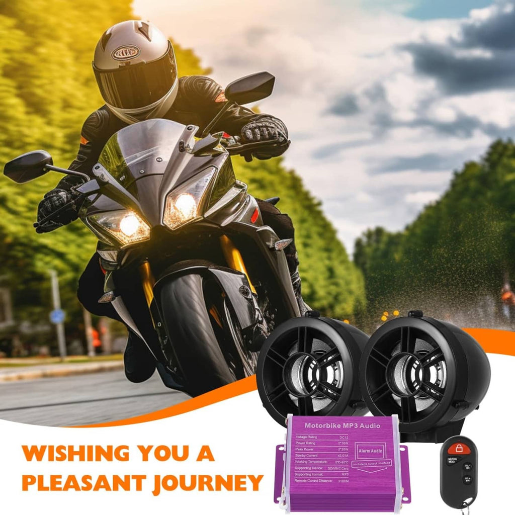 Motorcycle audio system with black speaker set and purple MP3 audio controller