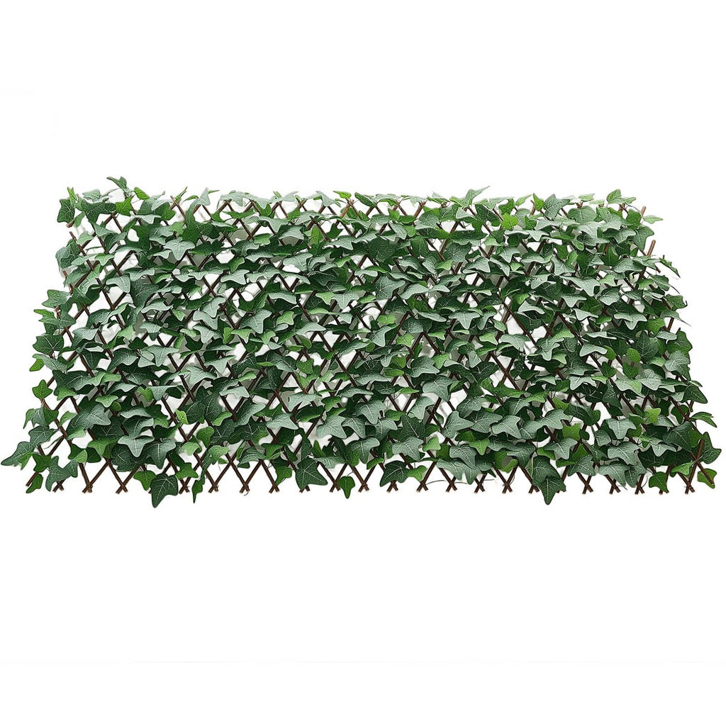Expandable artificial plant privacy screen, green leaves, 25x126 in, full view