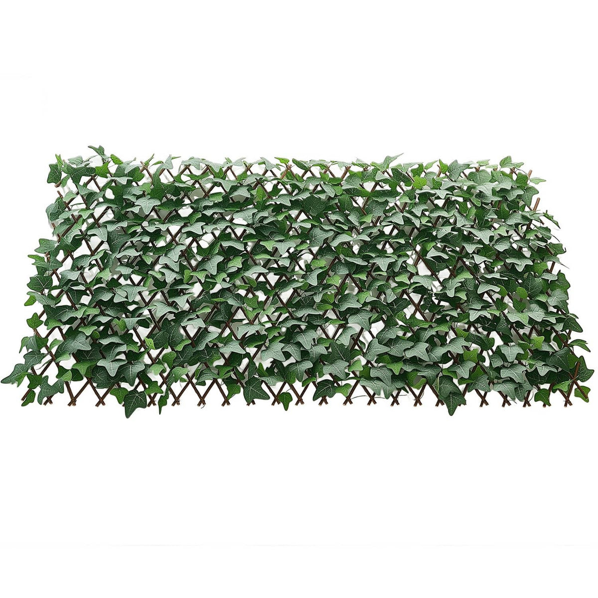 Expandable artificial plant privacy screen, green leaves, 25x126 in, full view