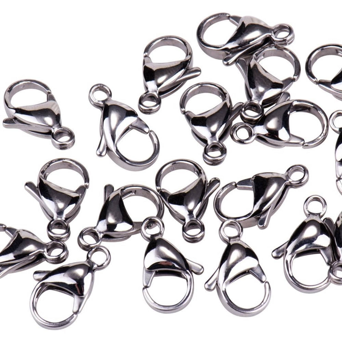 Stainless steel lobster claw clasps in shiny silver tone metal, multiple pieces