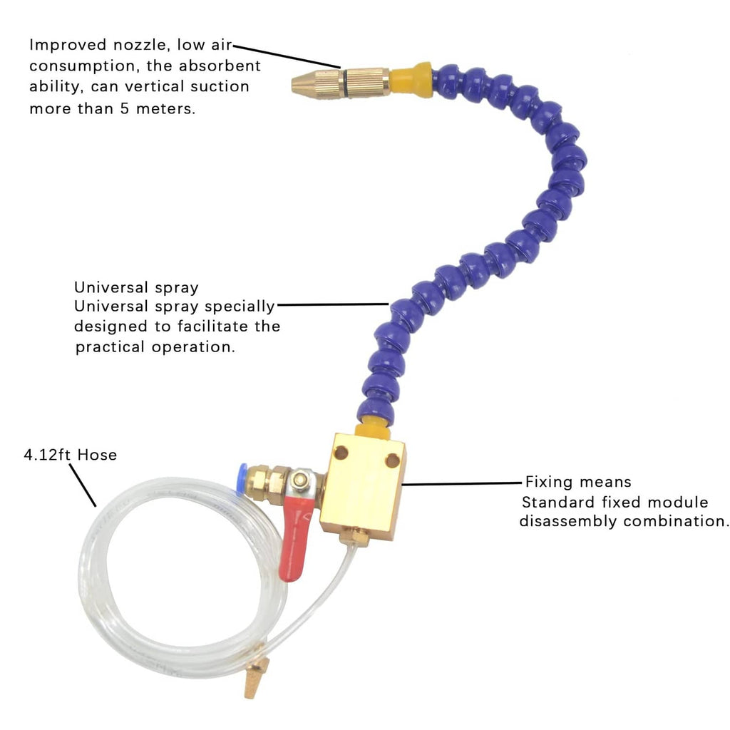 CNC mist coolant lubrication spray system with universal nozzle and clear hose