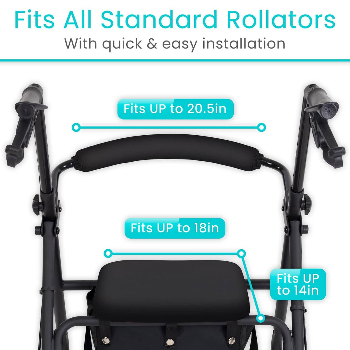 Black rollator seat and backrest cover, shown fitted on standard-height frame