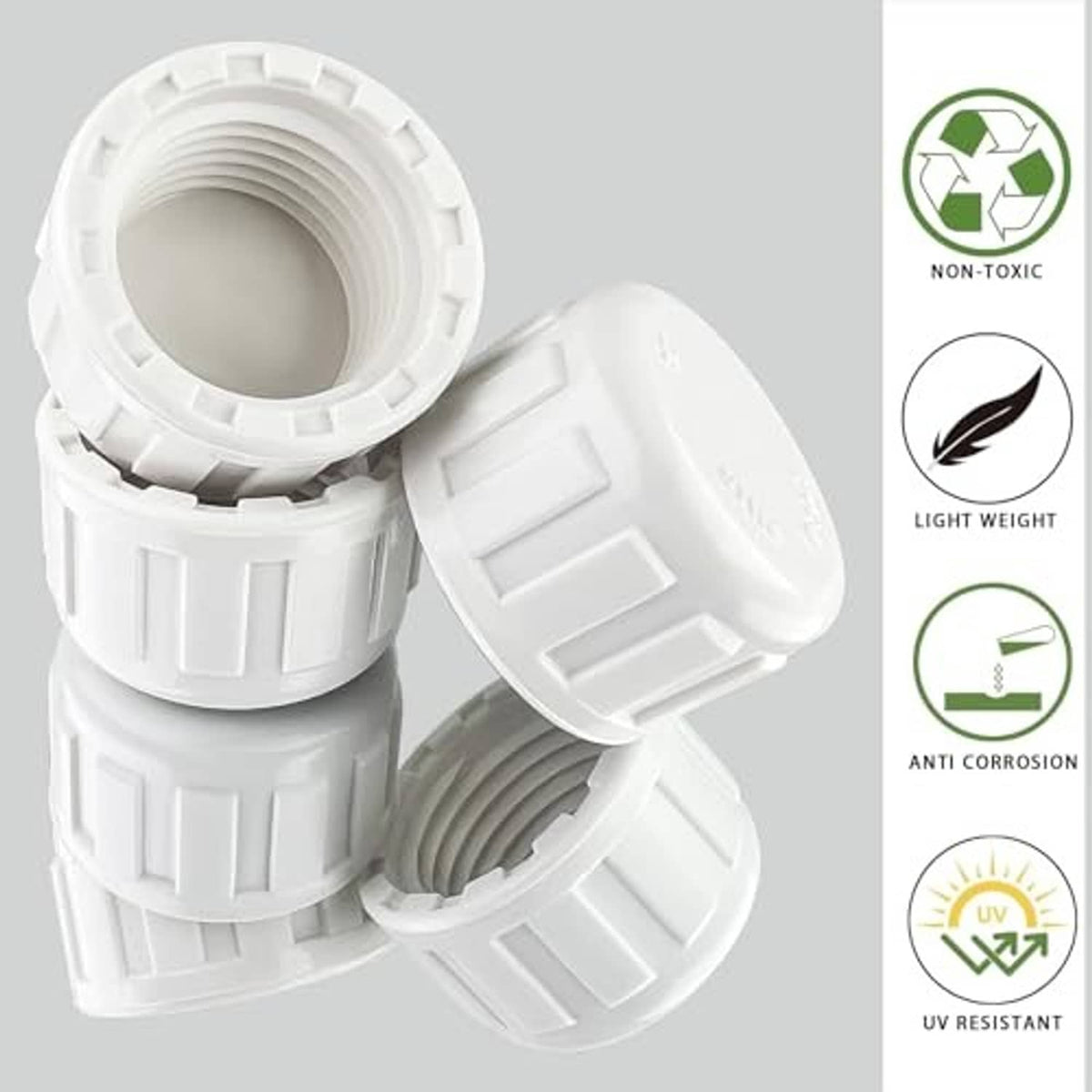 Set of white PVC sprinkler end caps with female threaded ports, two caps shown open