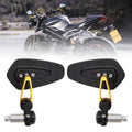 Pair of motorcycle bar-end side mirrors with blue lenses, black housings, and gold stems