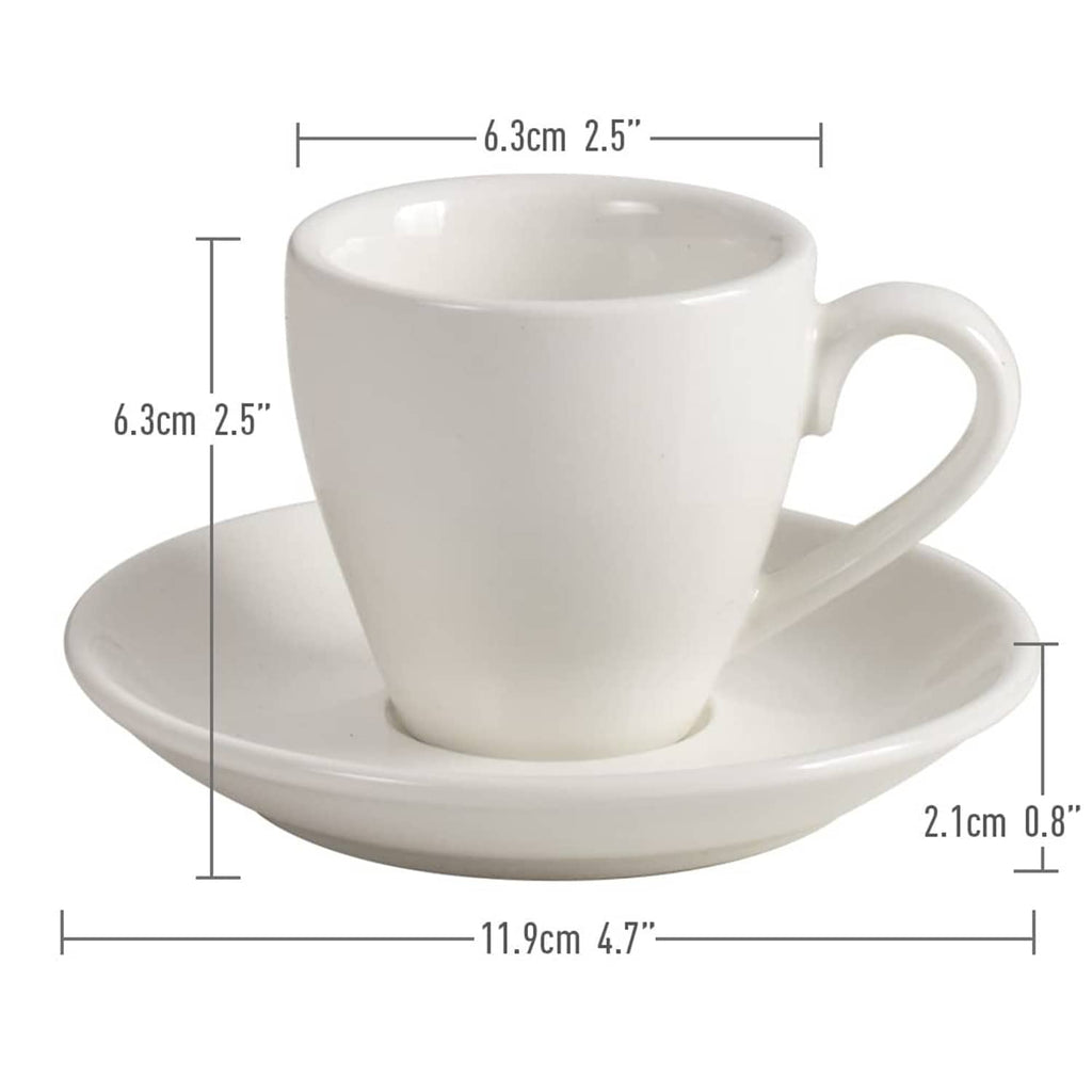 White porcelain espresso cup with saucer, shown with size measurements