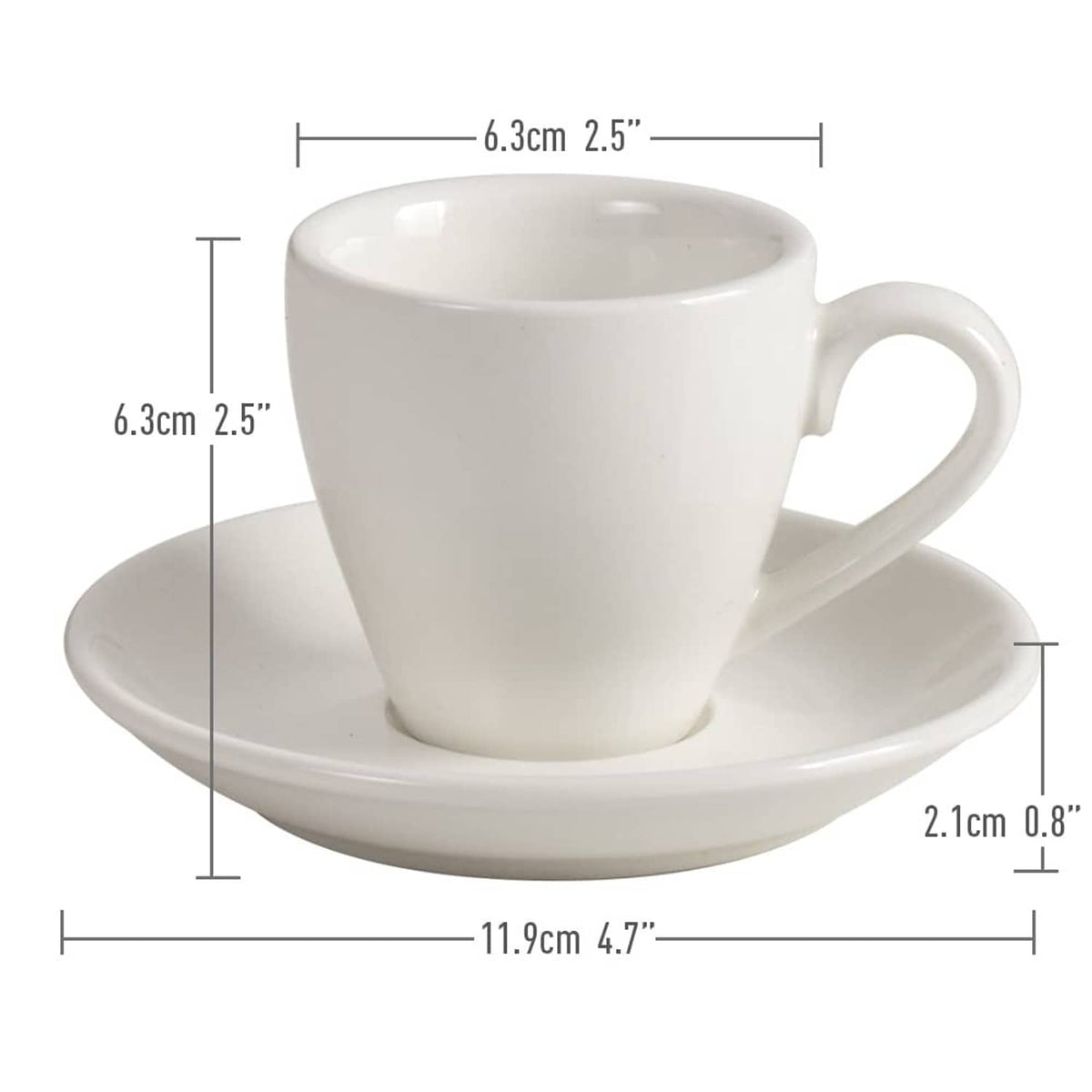 White porcelain espresso cup with saucer, shown with size measurements