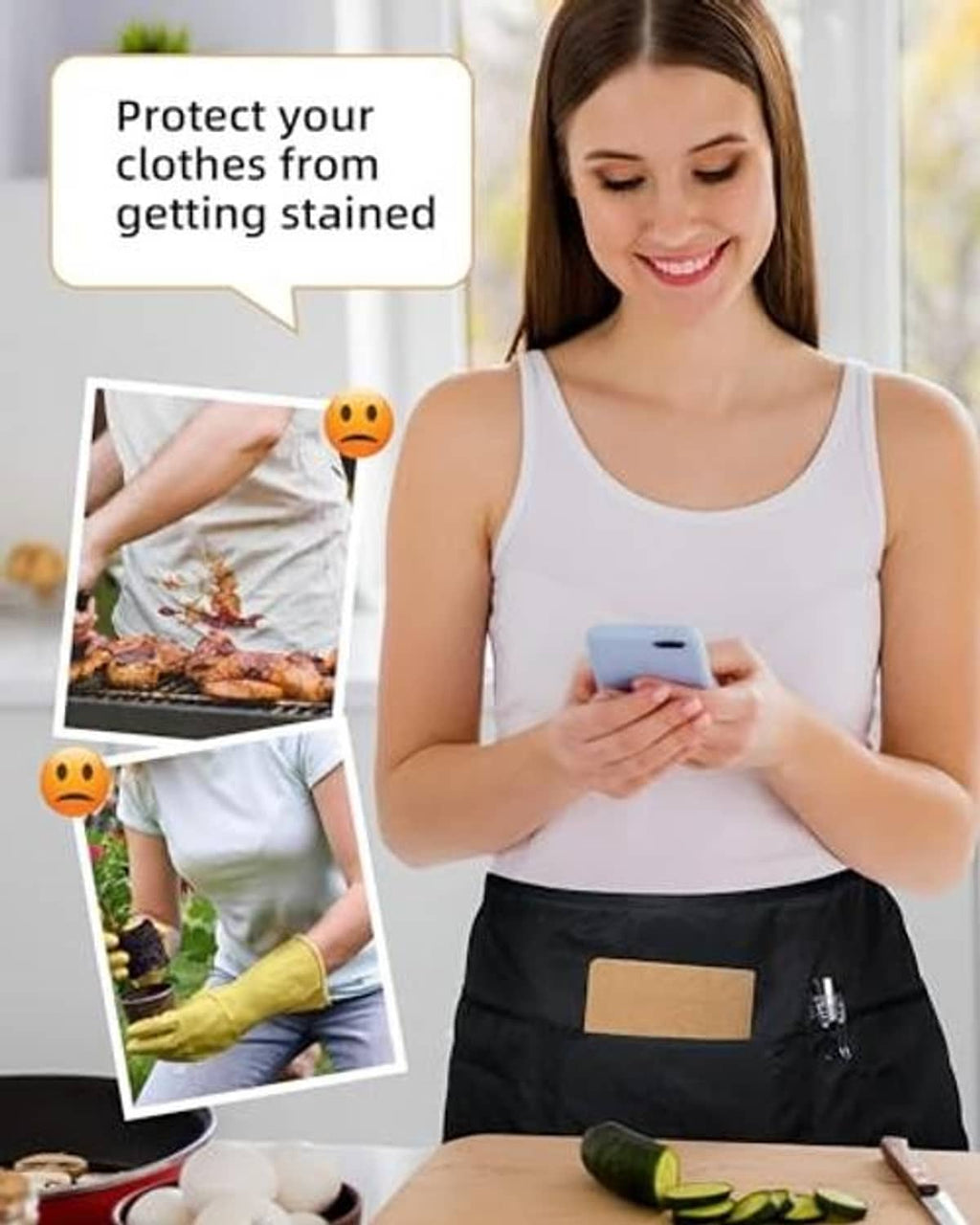Black apron with four pockets on woman, tan center pocket and small holder slots