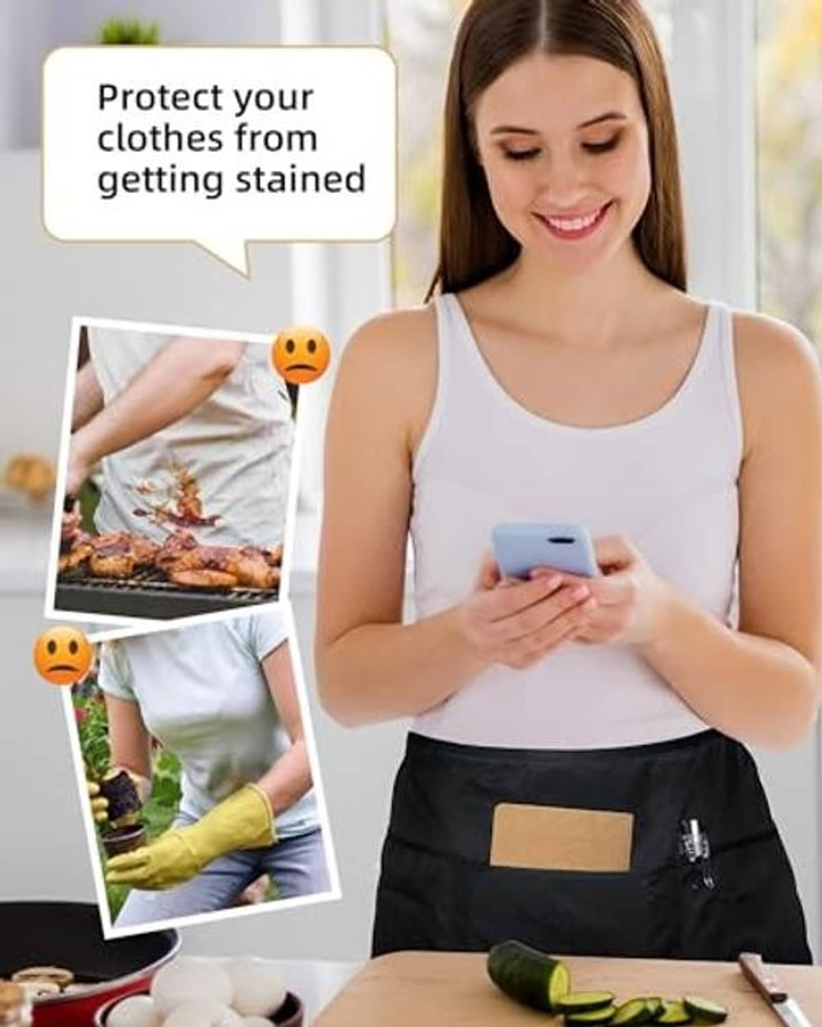 Black apron with four pockets on woman, tan center pocket and small holder slots