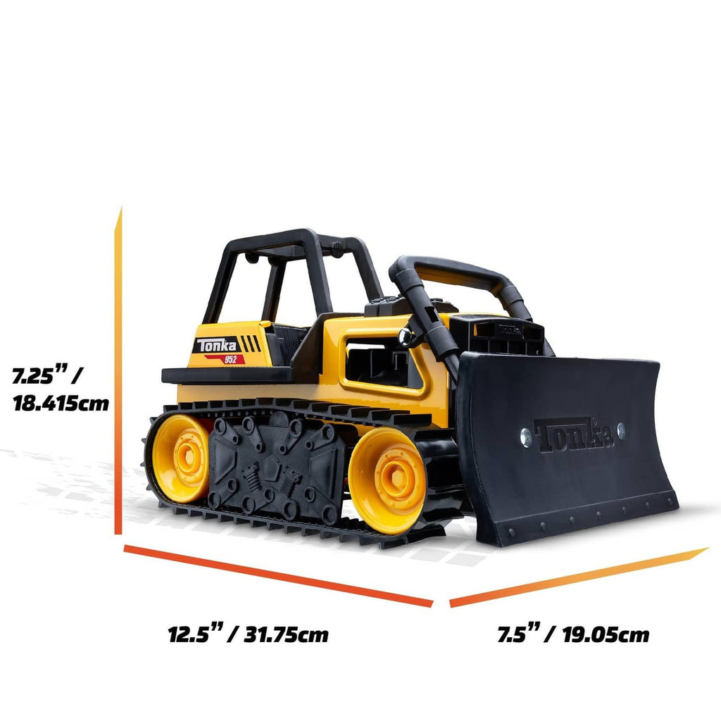 Yellow Tonka Steel Classics bulldozer toy with front blade and wheels