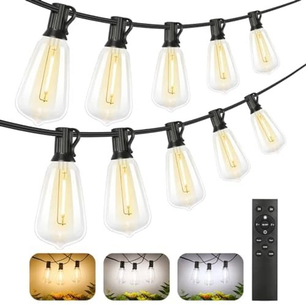 LED outdoor string lights with clear glass-style bulbs and black wire, warm glow