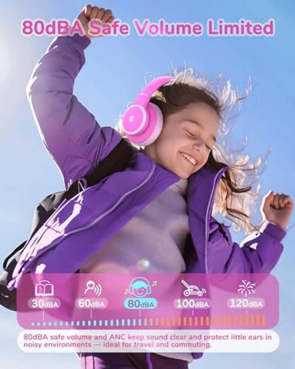Rose pink kids over-ear headphones on child, outdoors