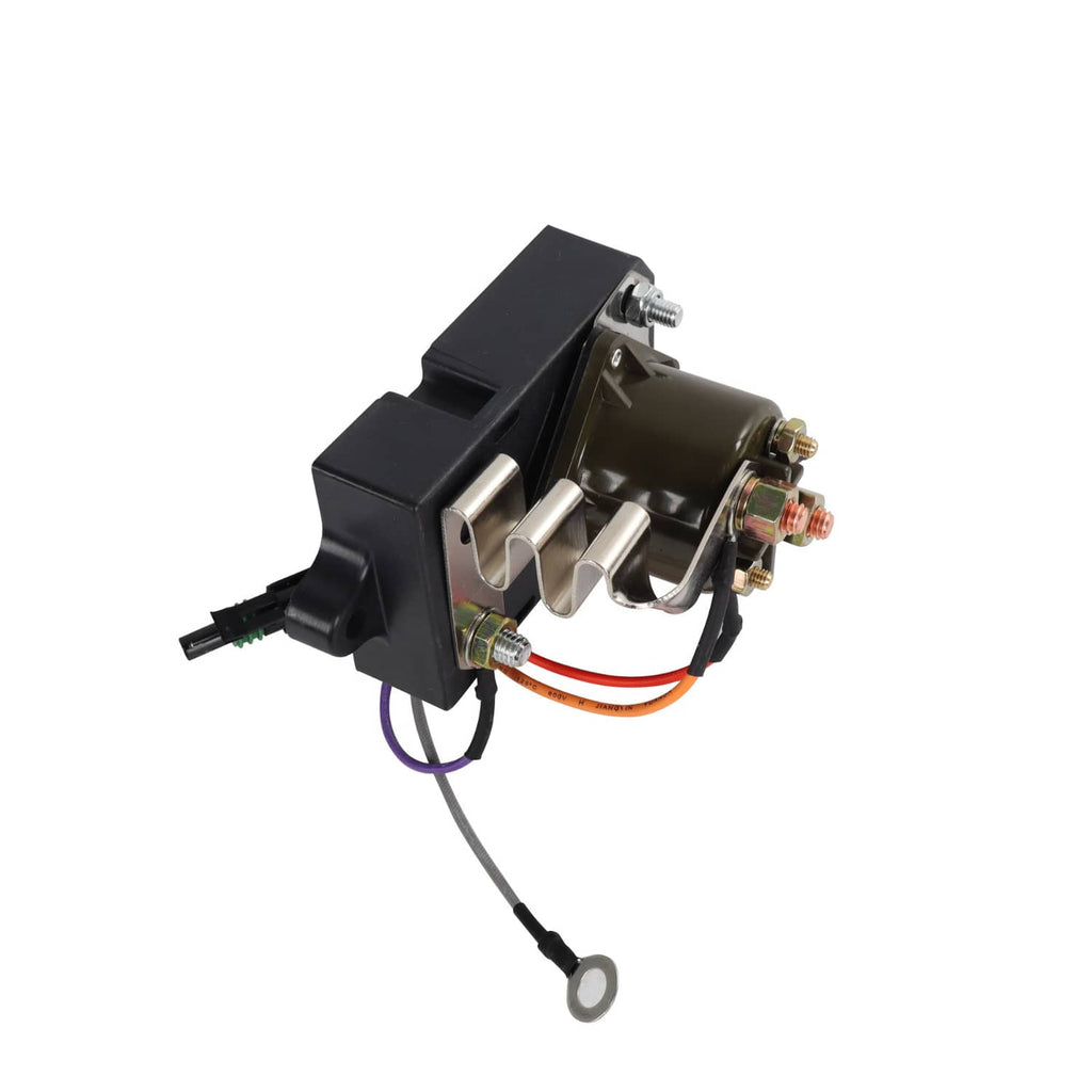 Glow plug controller relay with metal terminals, cable leads, and mounting pins