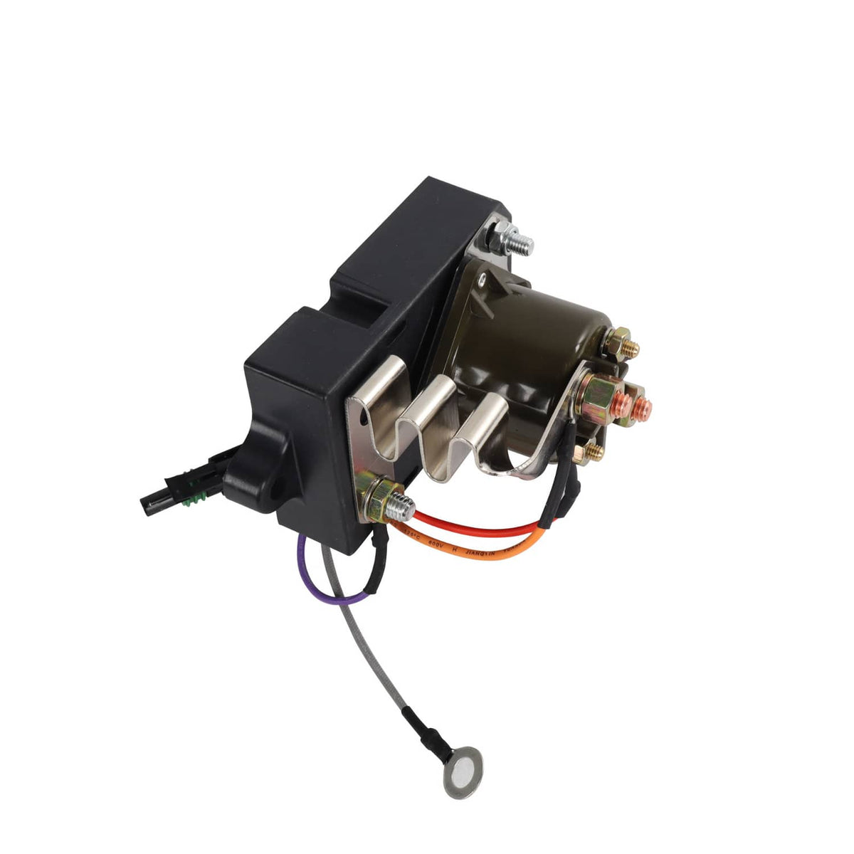 Glow plug controller relay with metal terminals, cable leads, and mounting pins