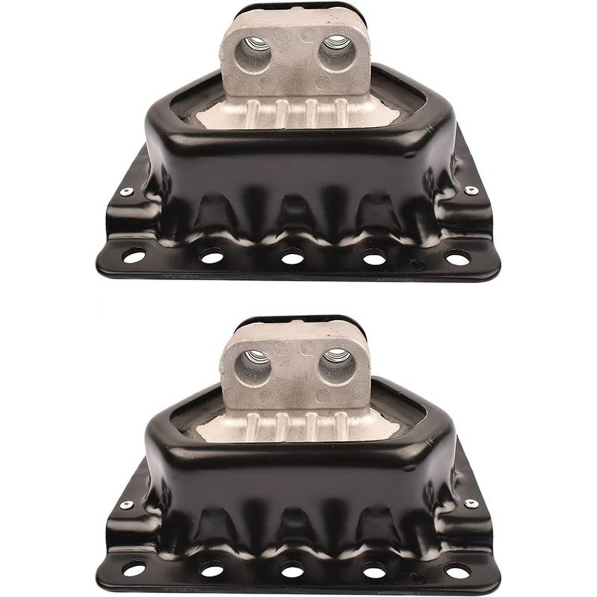 Pair of black engine mounts with silver top caps and two center bolt studs
