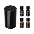 Black waterless essential oil diffuser with touch control top and 4 scent bottles