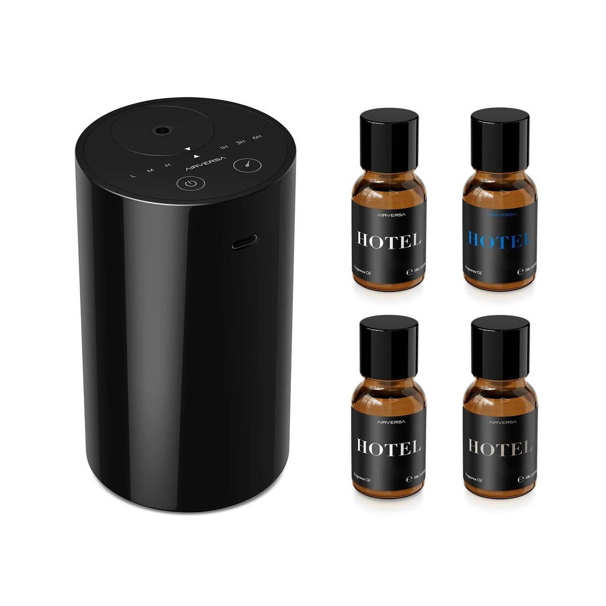 Black waterless essential oil diffuser with touch control top and 4 scent bottles