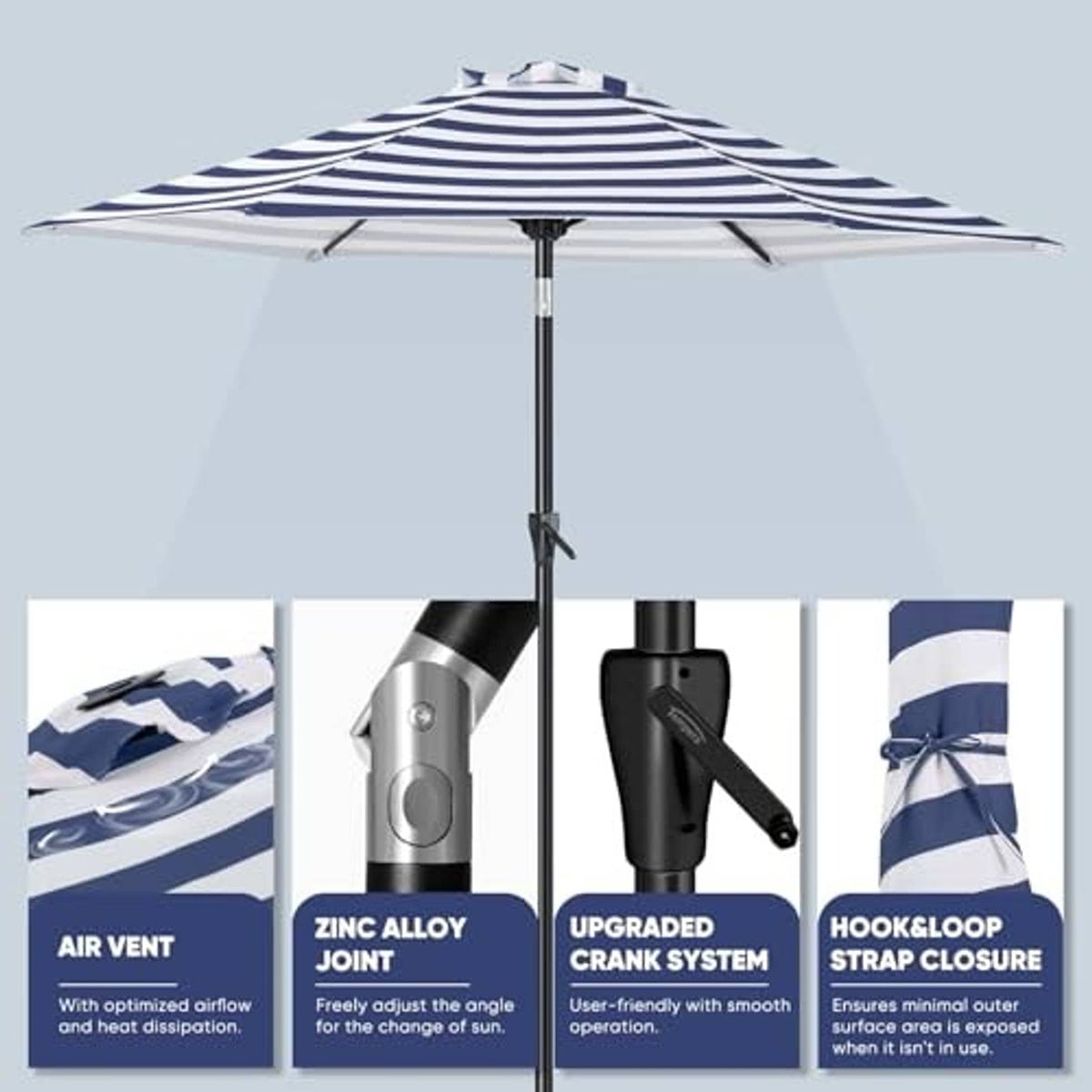 Blue-and-white striped beach umbrella shown from above with center pole