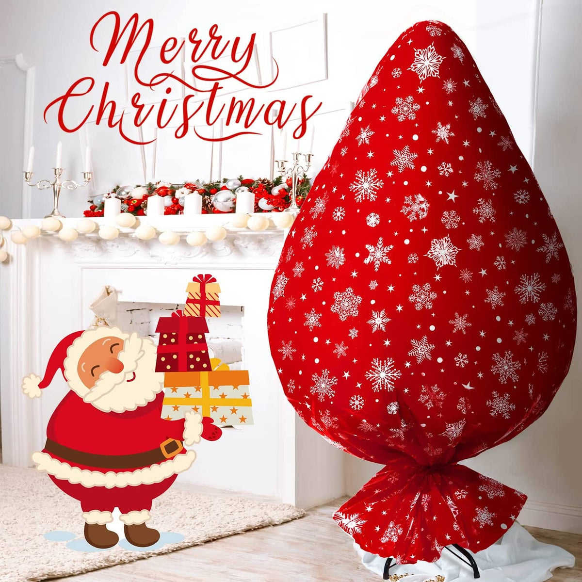 Red Christmas tree storage bag with white snowflakes, large teardrop shape, tied top.