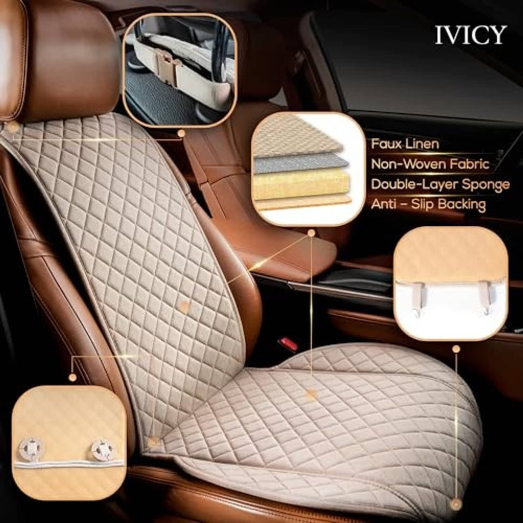 Beige faux linen seat cover set, quilted front seats with anti-slip backing
