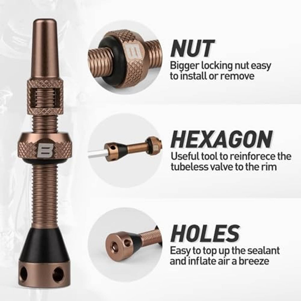 Bronze Presta tubeless valve stem with locking nut, hex tool, and sealant holes