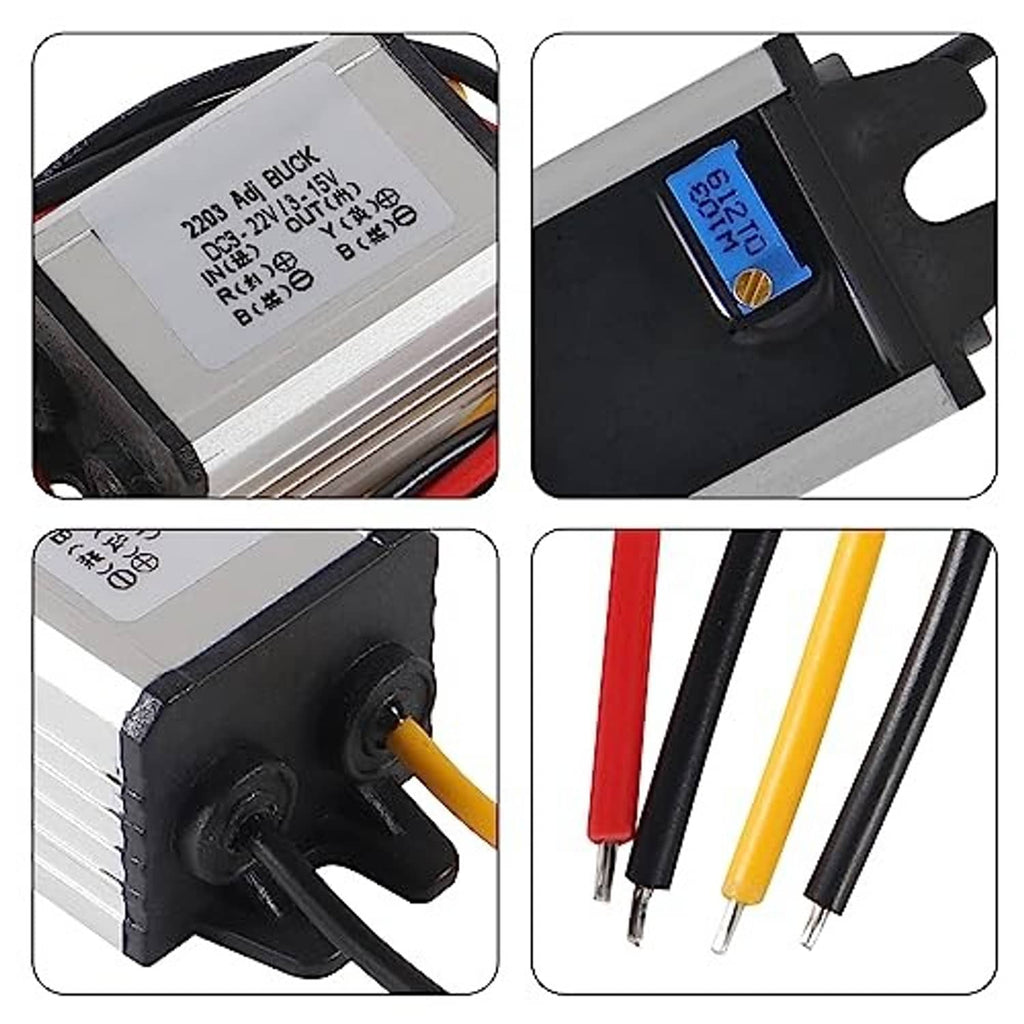 DC buck converter details: wiring plug, mounting housing, and four insulated wire ends