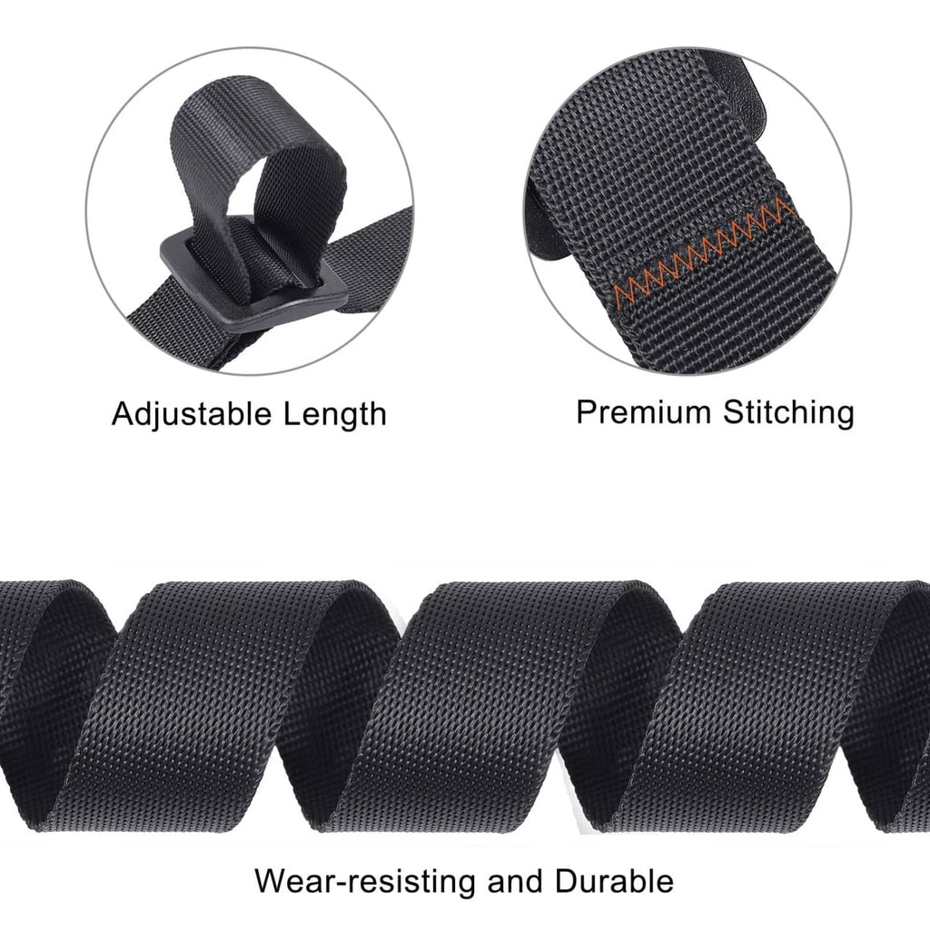 Black nylon cargo strap detail with adjustable length, premium stitching, durable webbing