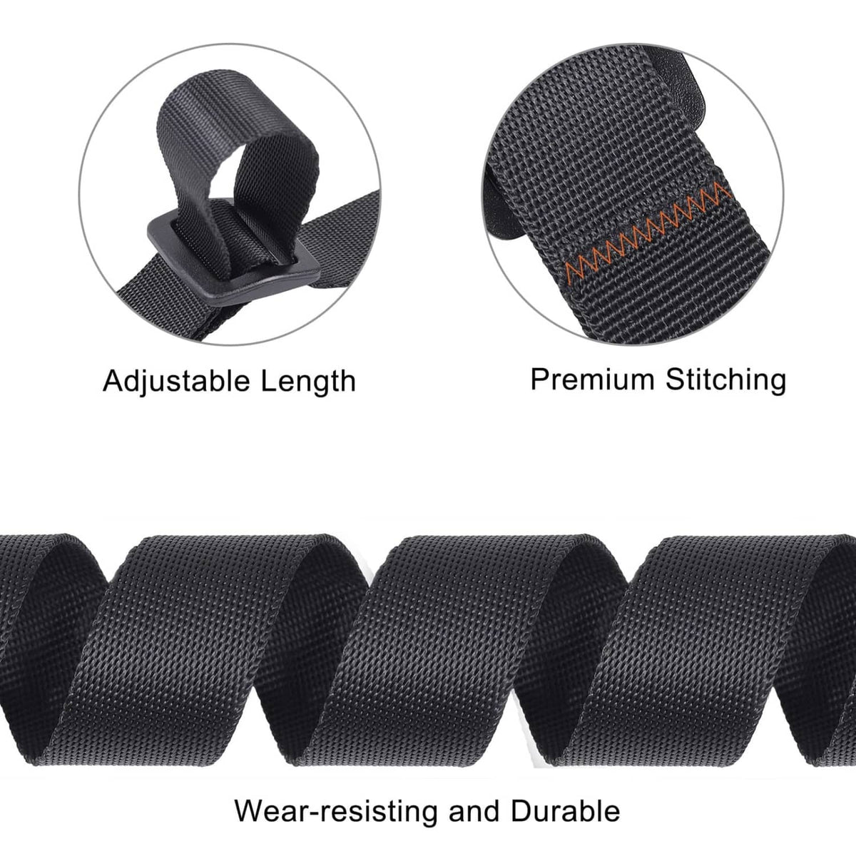 Black nylon cargo strap detail with adjustable length, premium stitching, durable webbing