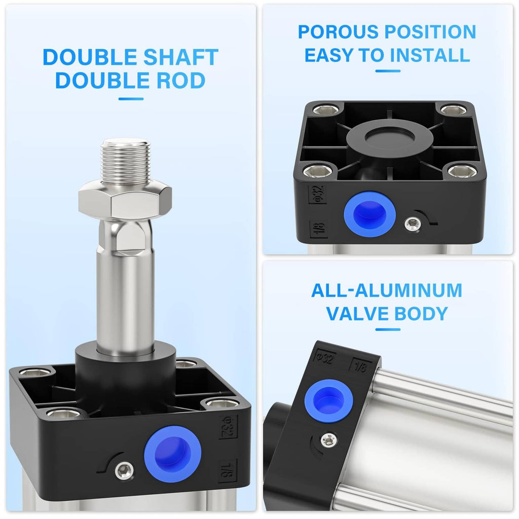 Double-rod pneumatic air cylinder with all-aluminum valve body and blue port