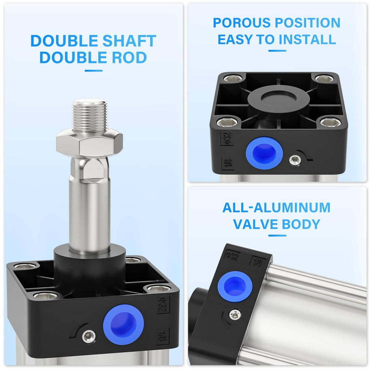Double-rod pneumatic air cylinder with all-aluminum valve body and blue port