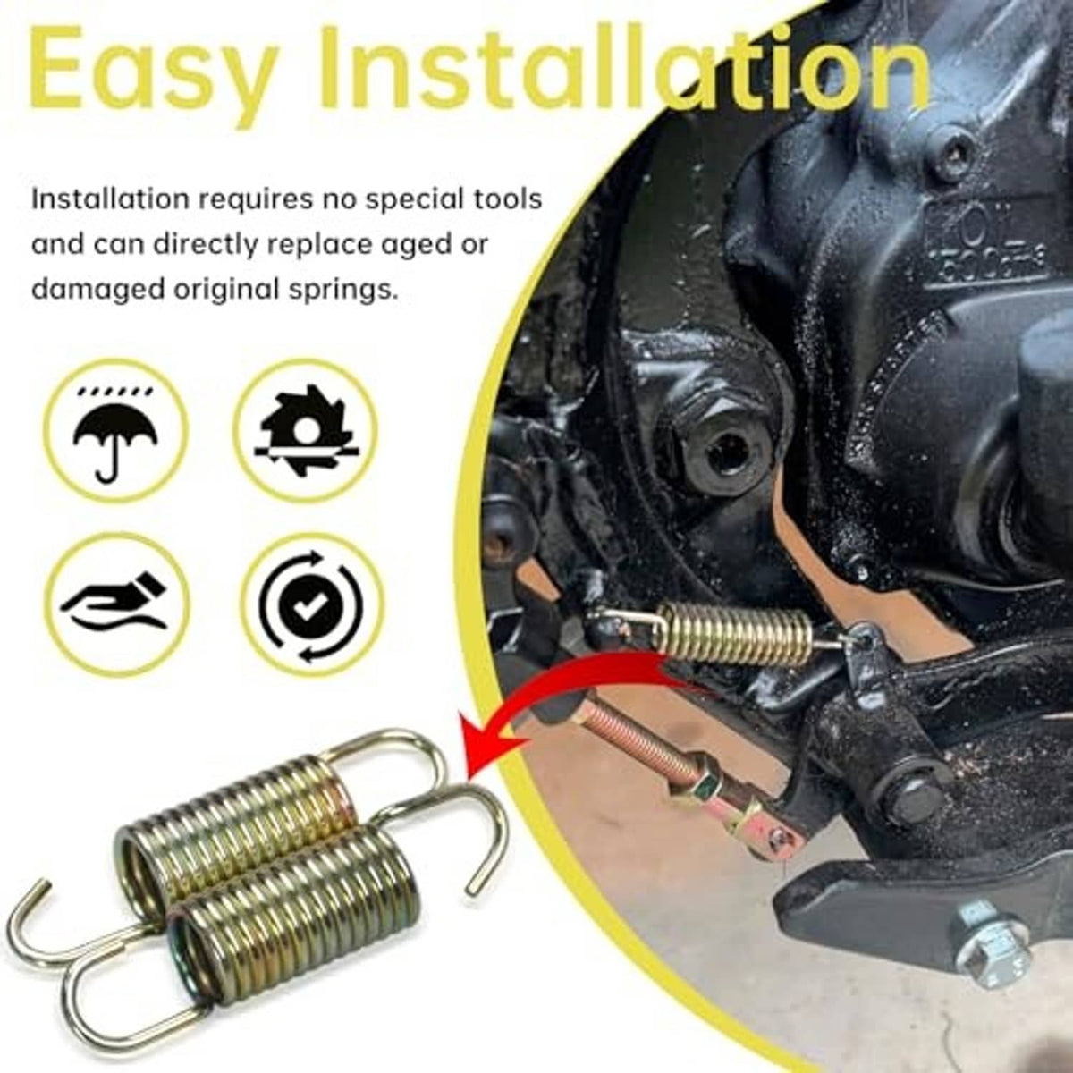 Installed rear brake pedal return spring pair with coiled steel and U-shaped hooks