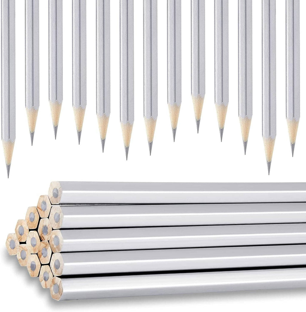 Metallic marking pencil set with silver barrels and pointed wooden tips, 24-pack.