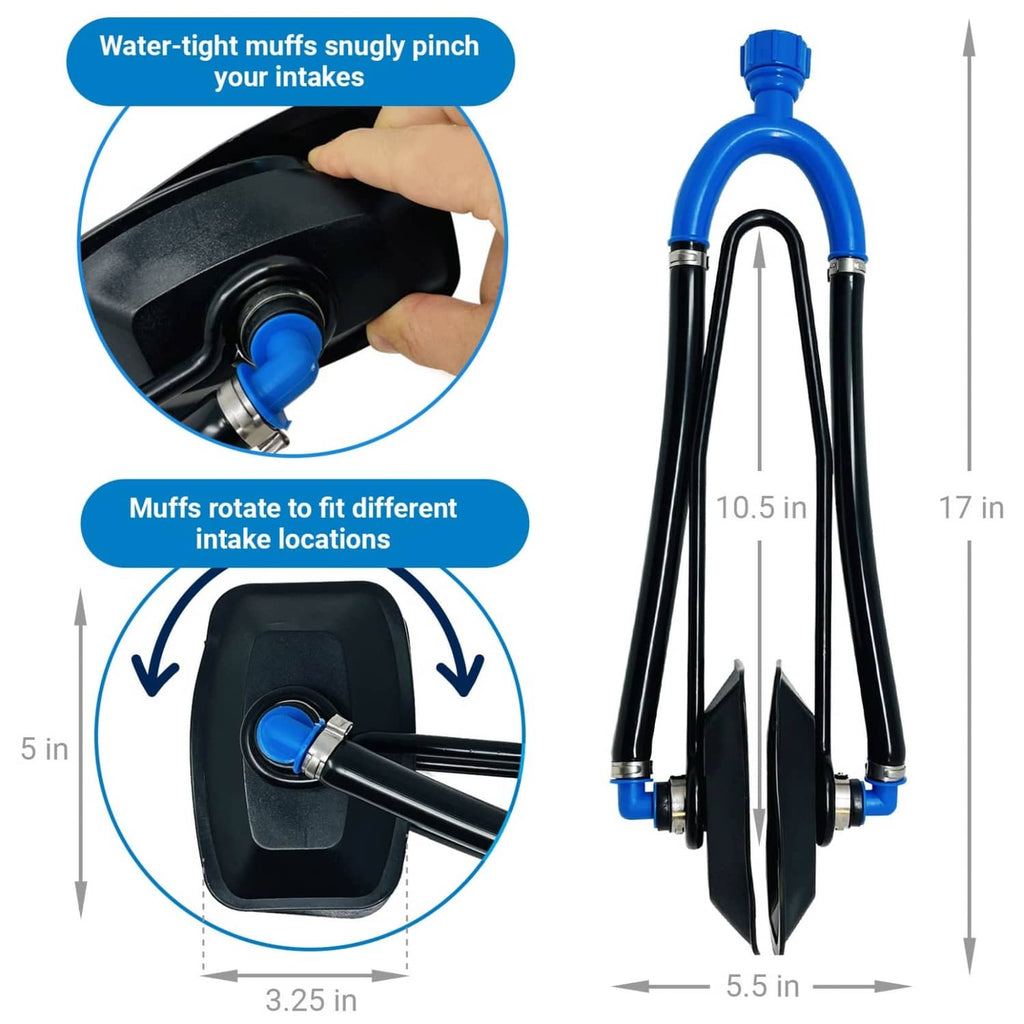 Better Boat dual-flow outboard motor flush muffs with blue snap-fit inlet piece