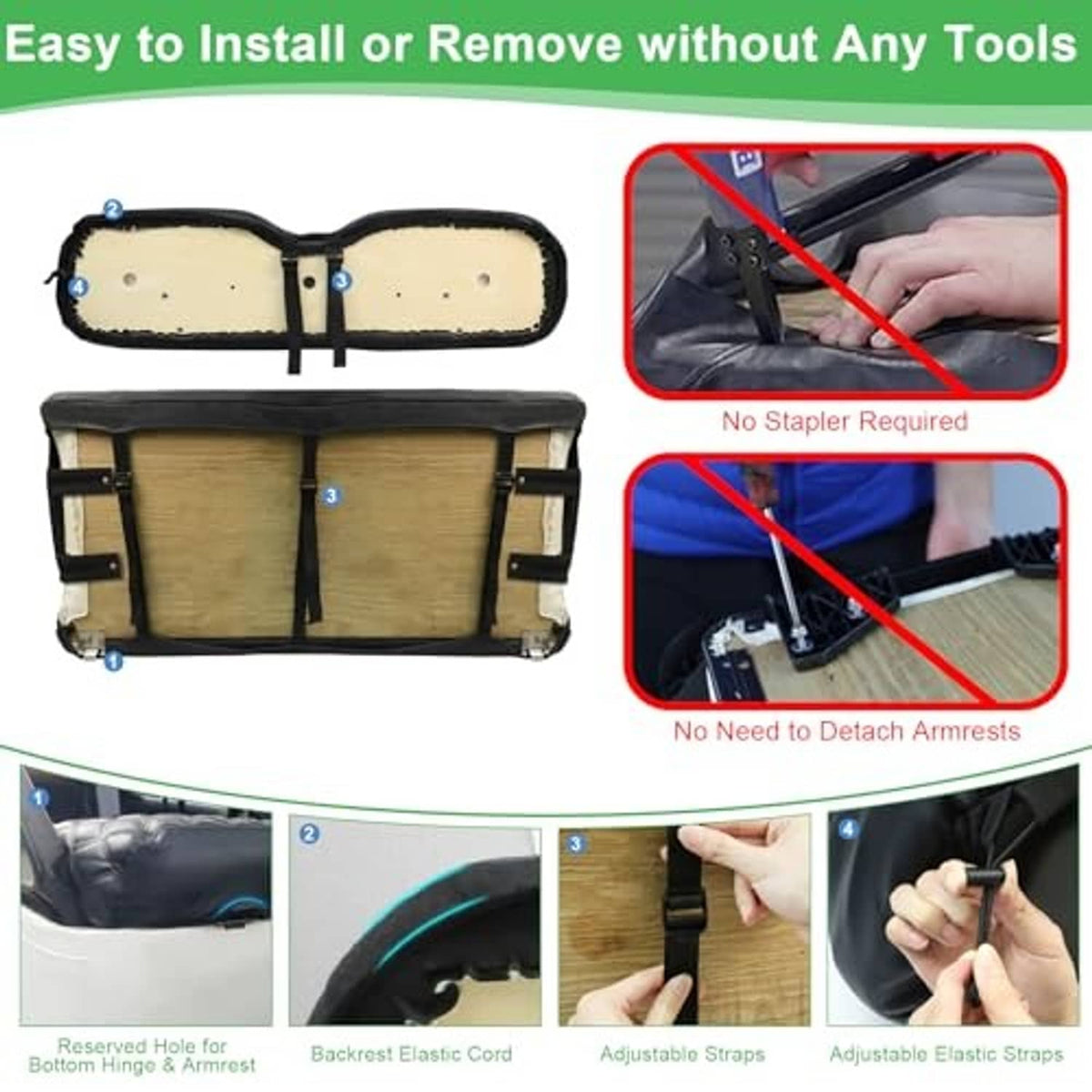 Seat cover installation steps with adjustable straps and elastic cord attachment