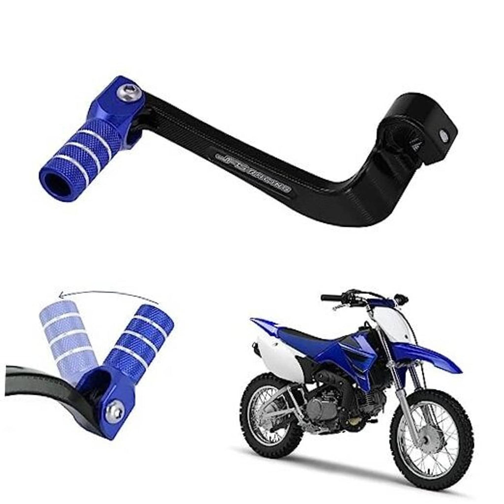 Motorcycle folding gear shifter lever with blue knurled tip and black CNC body