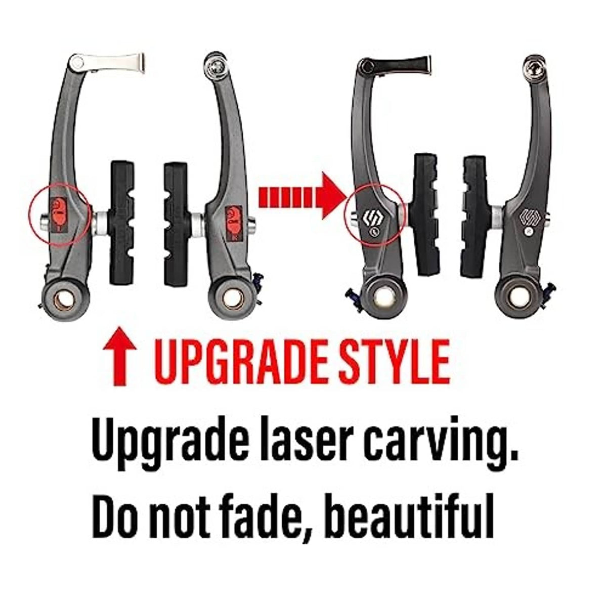 Bicycle V brake set upgrade view with dark gray arms and black brake pads