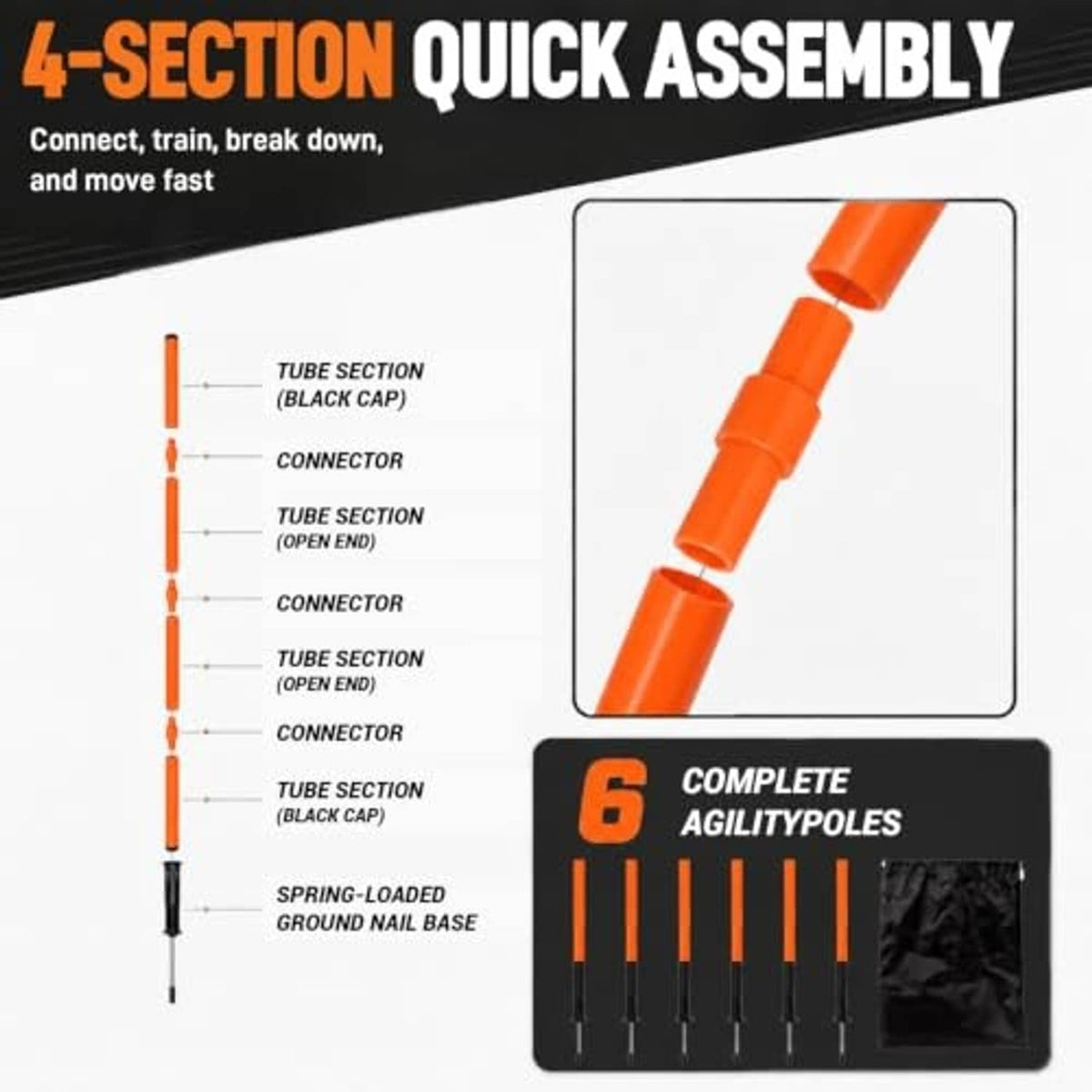 6-piece orange agility training poles with connectors and spring-loaded ground nail bases