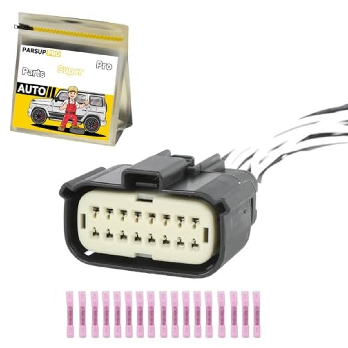 Headlight connector socket with beige 16-pin plug and black housing, with pink terminal pins