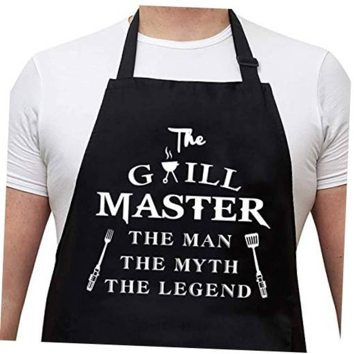 Black apron with grill-themed typography, adjustable neck strap and waist ties.