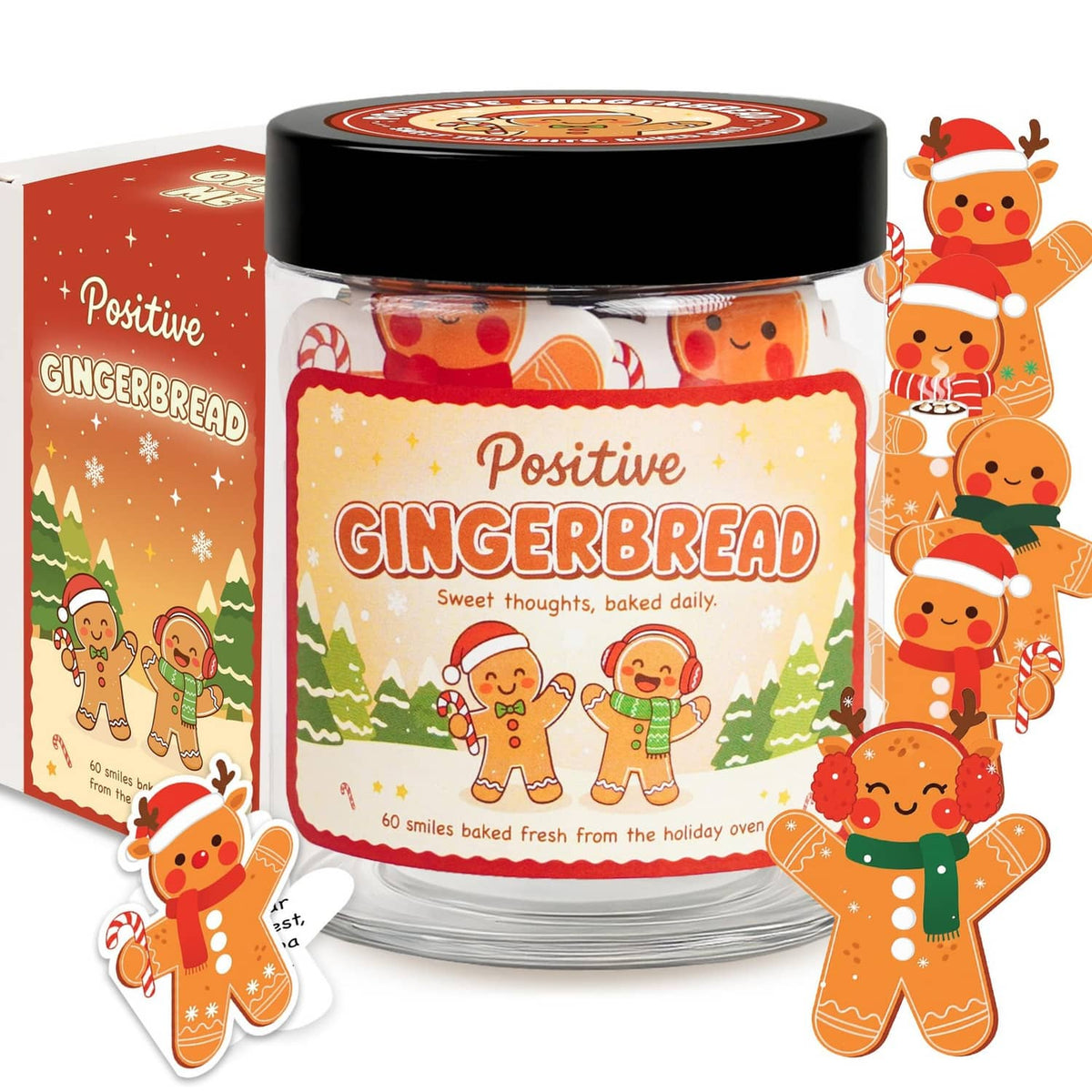 Gingerbread affirmation jar gift set with black lid, clear jar with gingerbread label and cards