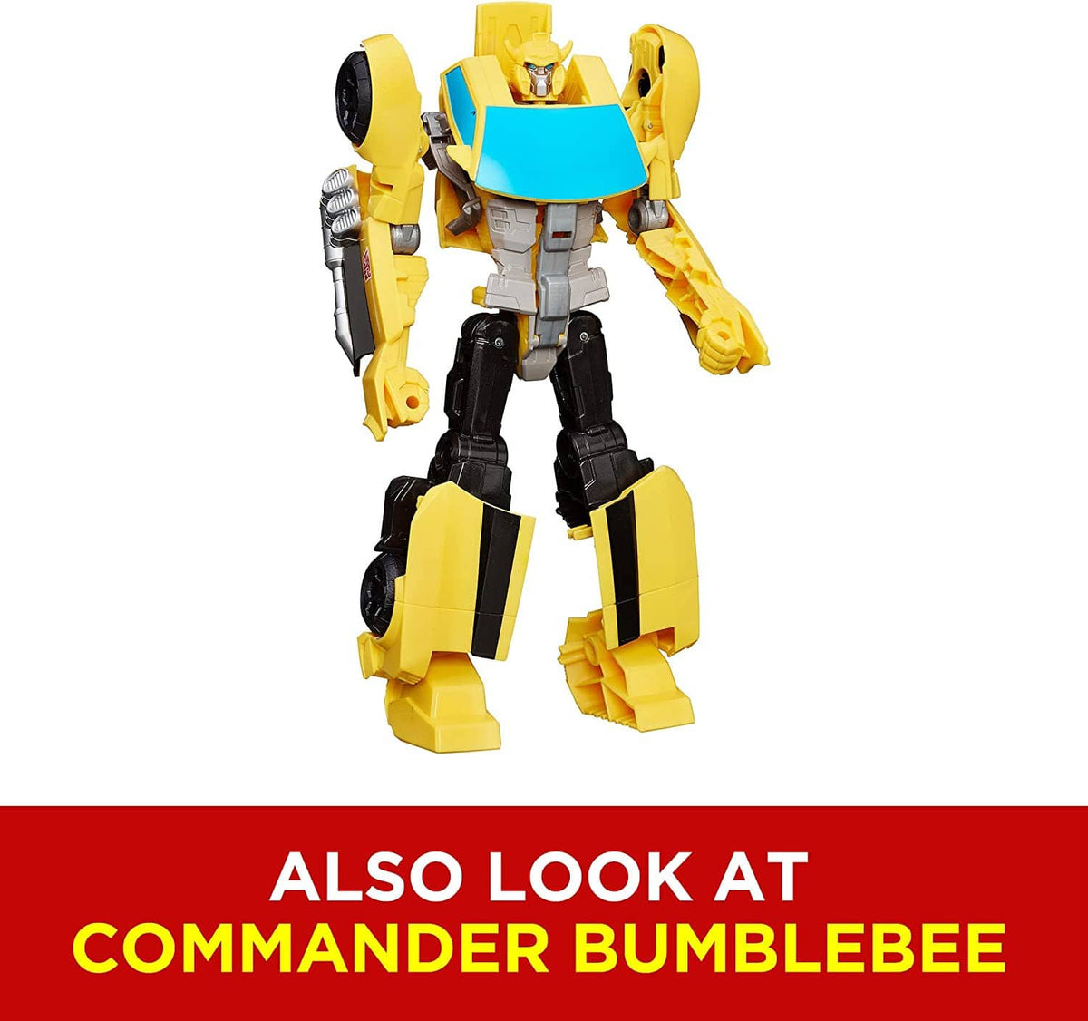 Yellow and black robot action figure with detailed armor, helmeted head, and big feet