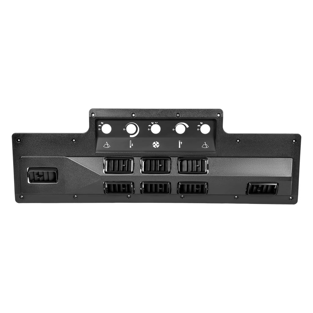 A/C heat control panel bezel with vent openings, knobs, and control icons on dark plastic