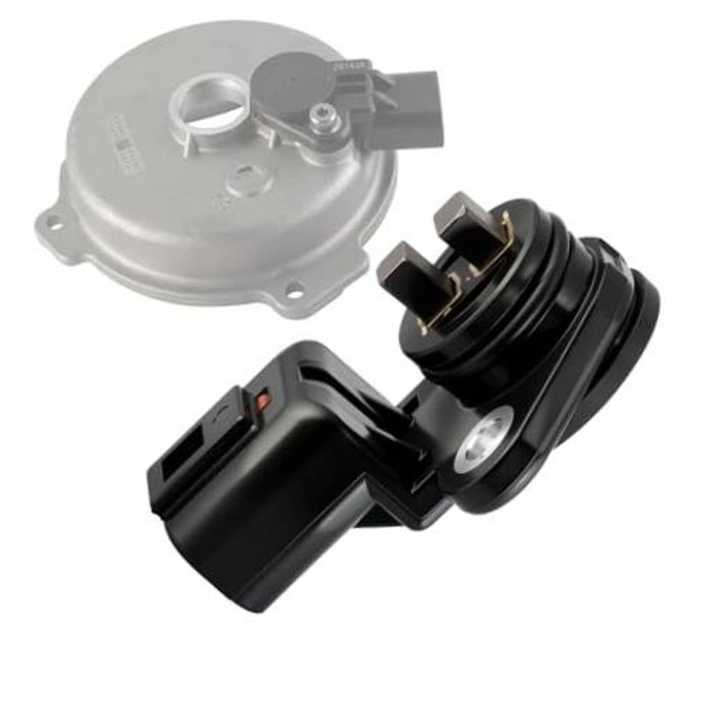 Camshaft position sensor with gray mounting cover and black electrical connector