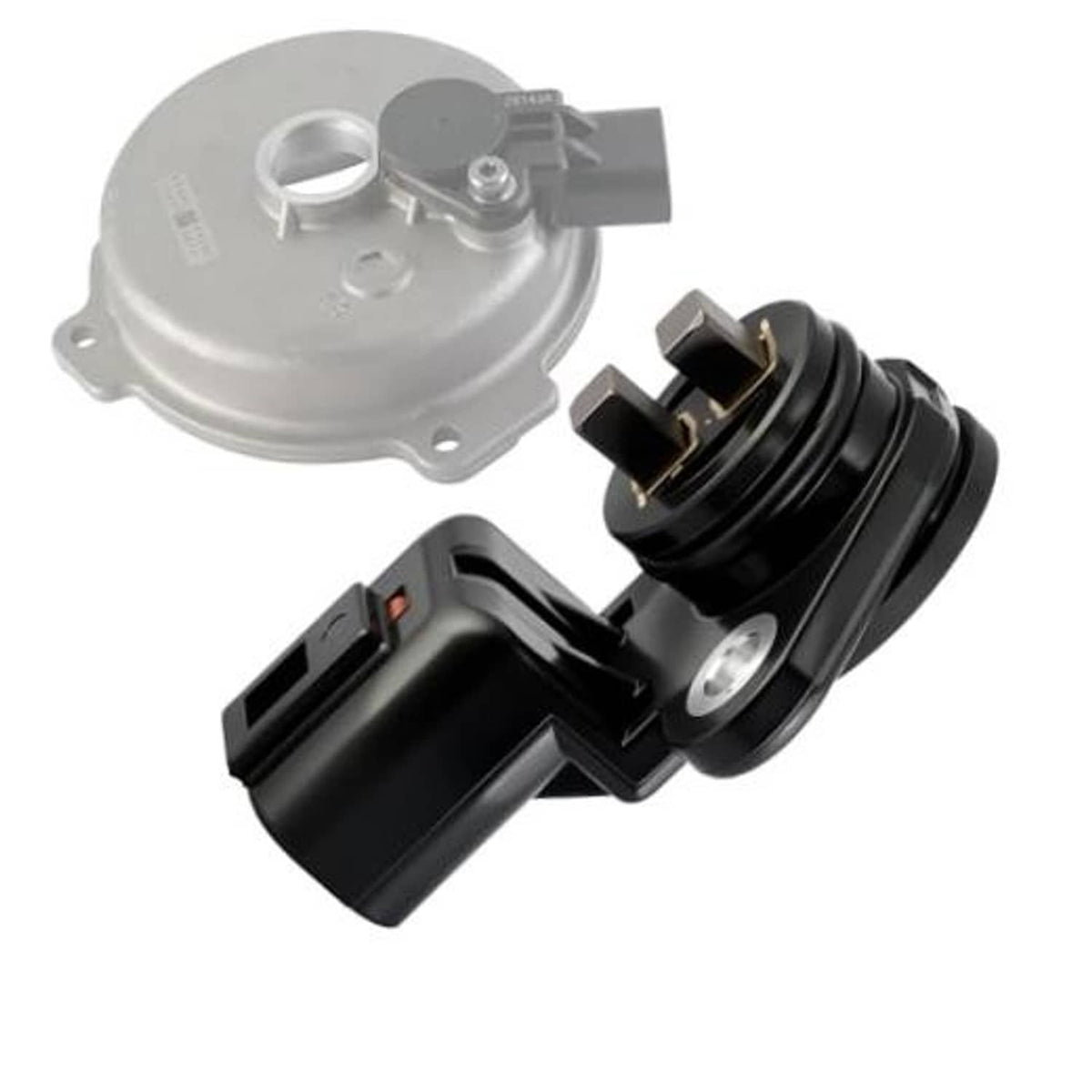 Camshaft position sensor with gray mounting cover and black electrical connector