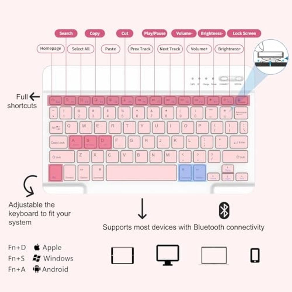 Pink detachable keyboard folio for 11-inch tablet, full-size key layout